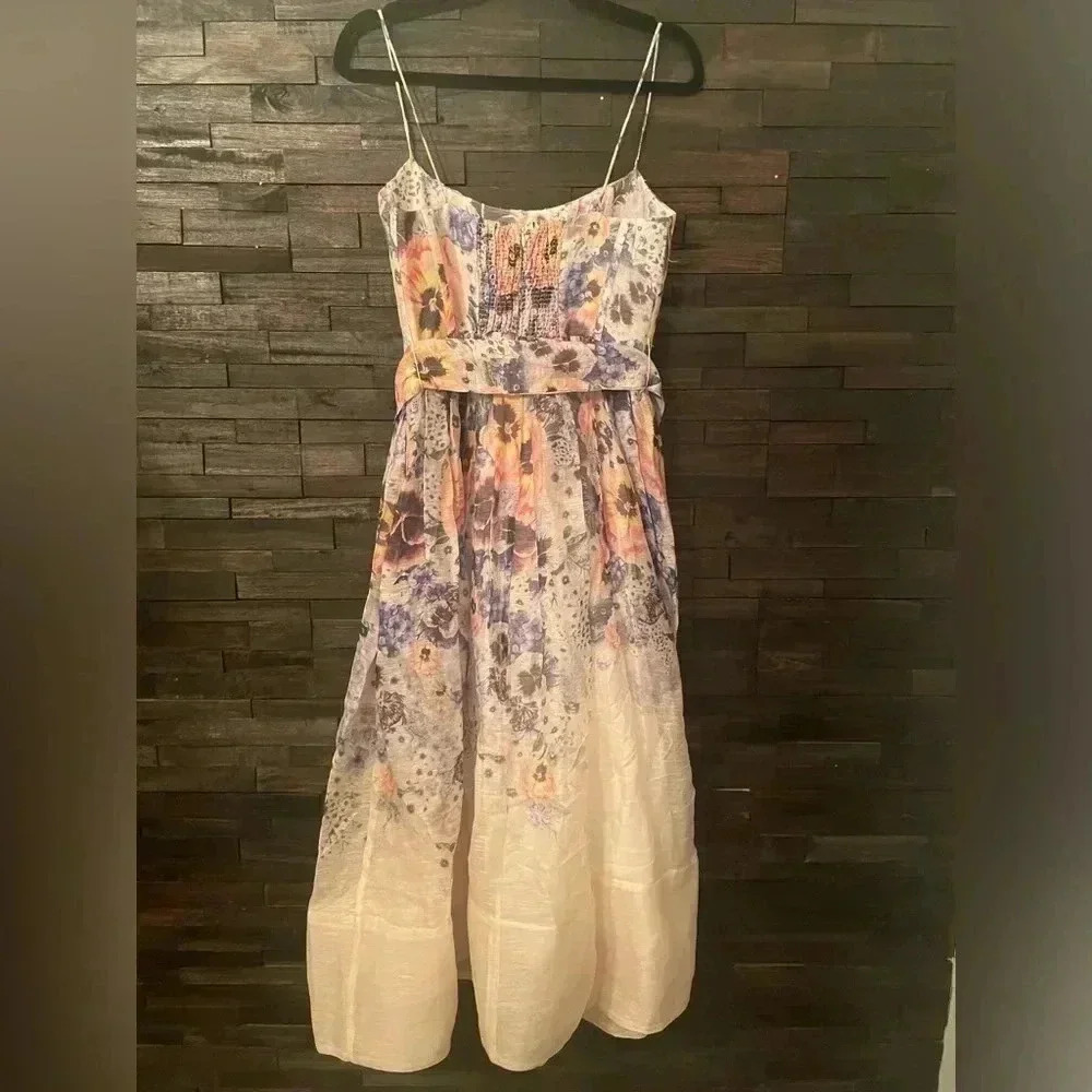 Zimmermann Tama Corset Linen Silk Midi Dress 1 US6 Floral Pansy Waist Tie Belted - Picture 15 of 16